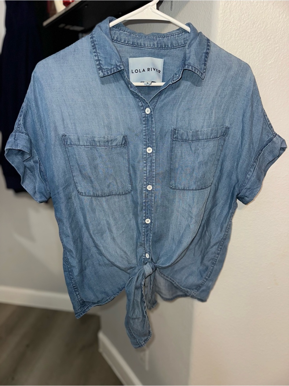 Lola River Light Blue Tie-Front Chambray Button-Down Top